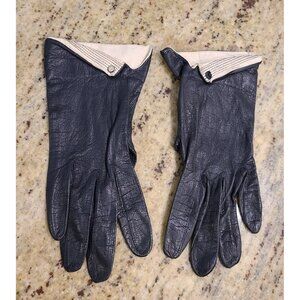 Vintage Size S Blue Leather 8" Gloves Nautical Look Fold over Wrist